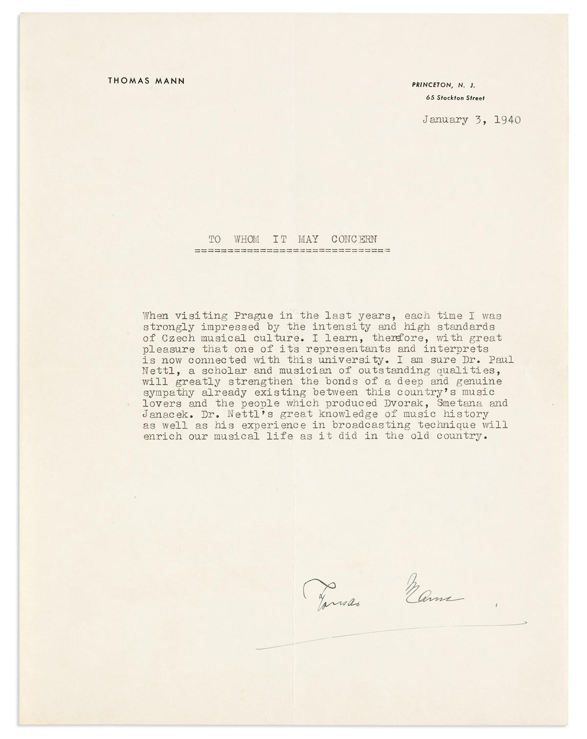 MANN, THOMAS. Typed Letter Signed, To Whom it May Concern, in English,